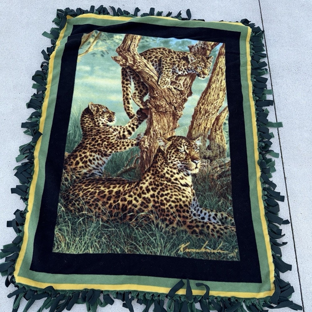 Handmade Leopard Wildlife Fleece Tie Blanket Green Safari Animal Print Throw